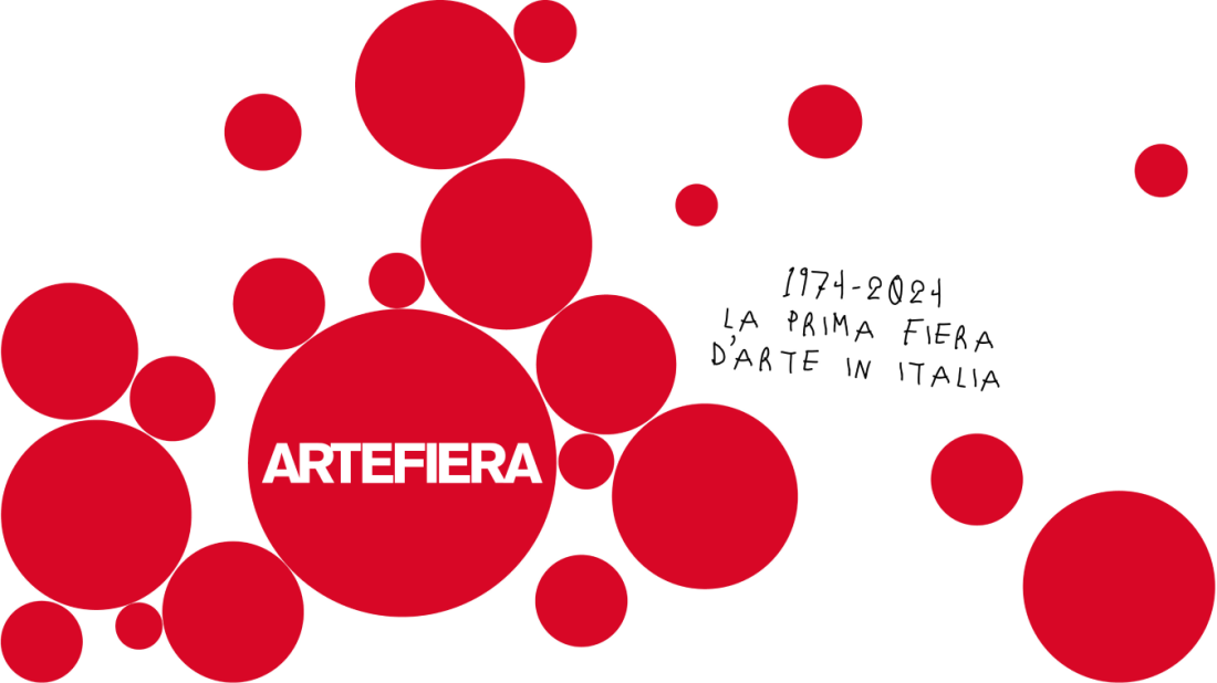 arte fiera locandina con sfere rosse , prima fiera d'arte in italia dal 1974