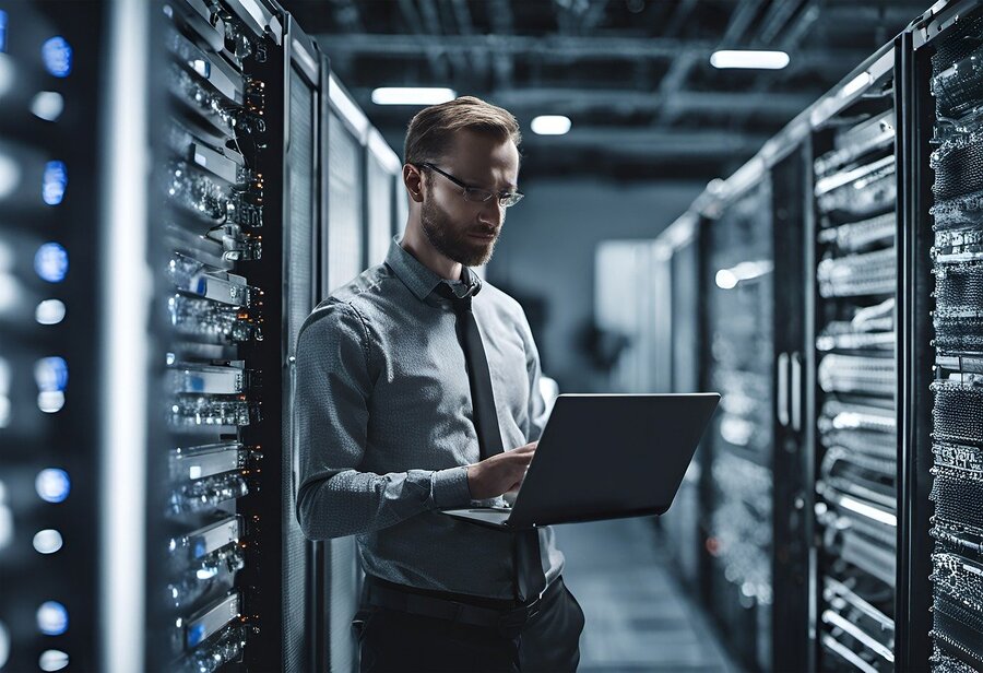 ragazzo con computer in mezzo a server 