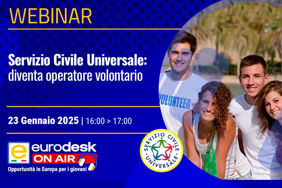 Scritta con le informazioni sul webinar, su sfondo blu con sulla destra un cerchio con all'interno una foto con quattro ragazzi che guardano in camera