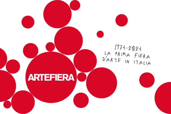 arte fiera locandina con sfere rosse , prima fiera d'arte in italia dal 1974