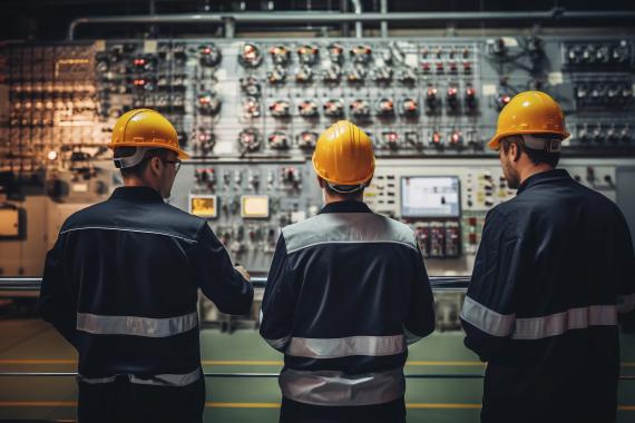 Ingegneri con elmetti che lavorano in una centrale nucleare
