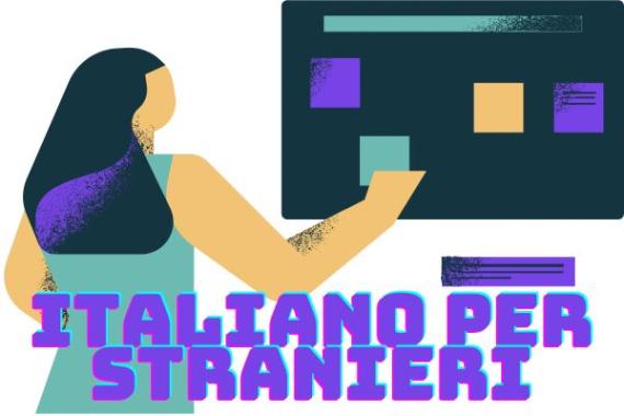 Una donna stilizzata, indica una lavagna dove sono appesi dei fogli. In basso la scritta "italiano per stranieri"